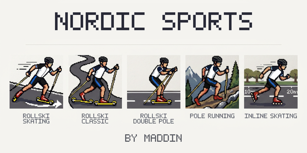 Nordic Sports title screen showing the five activity pictograms: Rollski Skating, Rollski Classic, Rollski Double Pole, Pole Running, and Inline Skating
